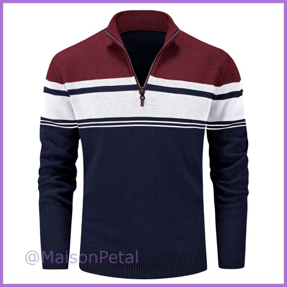 Other - Men's 1/4 Zip Cotton Sweater Pullover Striped Long Sleeve